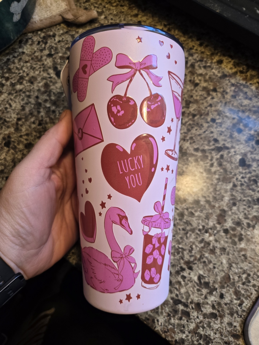 Pink "Lucky You" Decorative Travel Tumbler